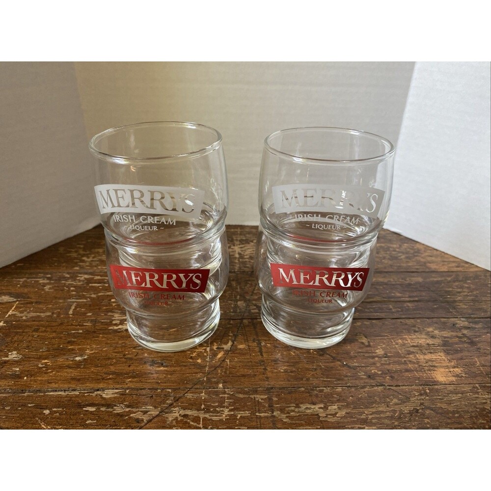 Merrys Irish Cream Liqueur Whiskey Glasses Set of 4 Red & White Letters VTG